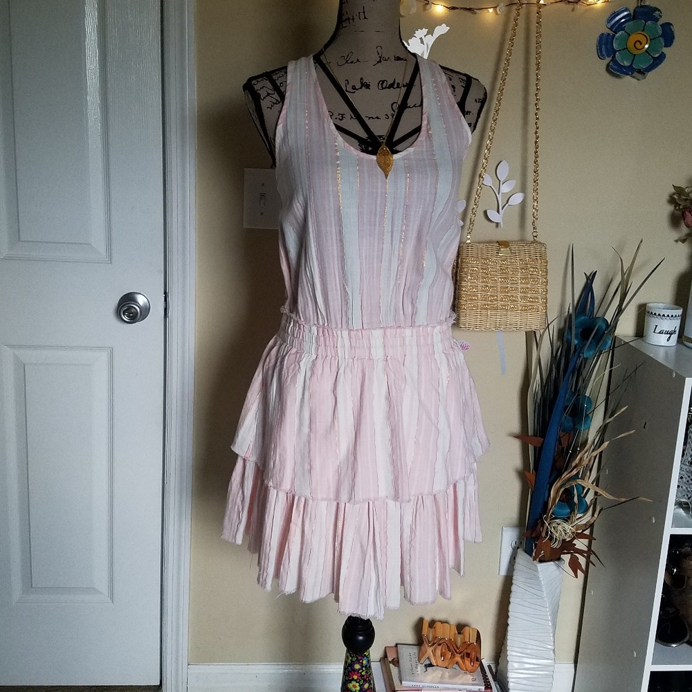 Pink and Gold Striped Sleeveless Dress Small